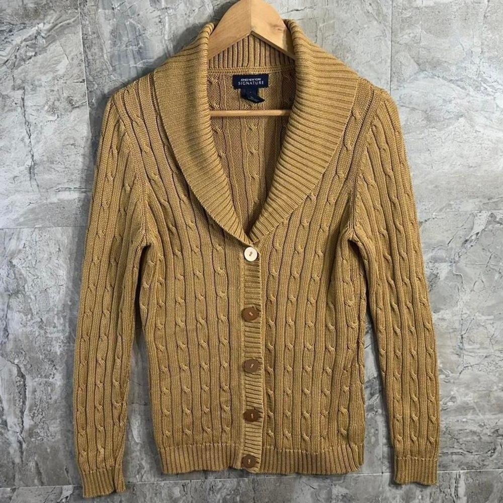 Vintage 90s‎ jones New York Beige Brown Retro Crochet Knit Cardigan Sweater L